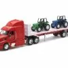 Peterbilt 387 Flatbed With Farm Tractors, Red - New Ray 10283A - 1/32 Scale Diecast Replica