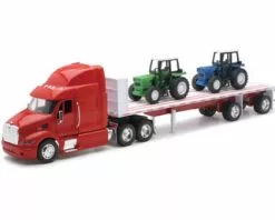 Peterbilt 387 Flatbed With Farm Tractors, Red - New Ray 10283A - 1/32 Scale Diecast Replica