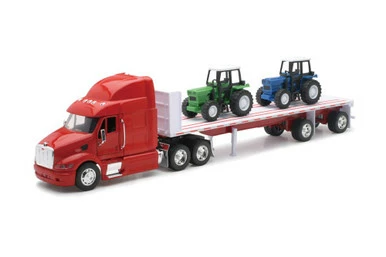 Peterbilt 387 Flatbed With Farm Tractors, Red - New Ray 10283A - 1/32 Scale Diecast Replica