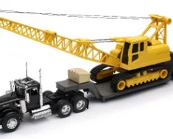 Kenworth W900 Lowboy W/Crane, Orange - New Ray 11293E - 1/32 Scale Model Replica