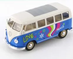 1963 Volkswagen Classical T1 Bus W/ Love/Peace Decals, Light Blue - Welly 22095A1, 1/24 Diecast Car