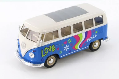 1963 Volkswagen Classical T1 Bus W/ Love/Peace Decals, Light Blue - Welly 22095A1, 1/24 Diecast Car