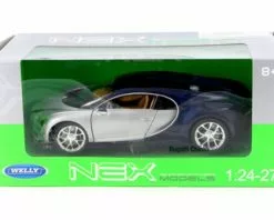 Bugatti Chiron, Silver W/ Blue - Welly 24077W-SIL - 1/24 Scale Diecast Model Toy Car