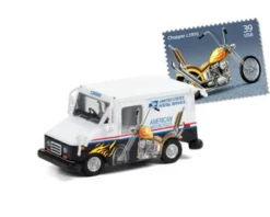 American Motorcycles Collectible Stamps United States Postal Service (USPS) Long Live Postal Mail Delivery Vehicle (LLV) , White - Greenlight 30249/48 - 1/64 Scale Diecast Model Toy Car