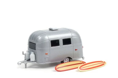 Airstream 16' Bambi With Surfboards, Aluminum Silver - Greenlight 34110F - 1/64 Scale Diecast Car