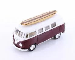 1962 Volkswagen Classic Bus W/ Surfboard, Burgundy - Kinsmart 5060DS1 - 1/32 Scale Diecast Car