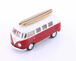 1962 Volkswagen Classic Bus W/ Surfboard, Red - Kinsmart 5060DS1 - 1/32 Scale Diecast Car