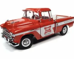 Miller High Life 1957 Chevy Cameo Pickup Truck, Red And White - Auto World AW287 - 1/18 Scale Diecast Model Toy Car