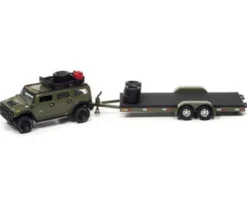 Johnny Lightning 2004 Hummer H2 With Open Car Trailer, Medium Sage- JLSP202/24A - 1/64 Scale Diecast Model Toy Car