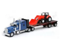 Kenworth W900 Flatbed W/ Farm Tractor, Blue - New Ray SS-10373A - 1/32 Scale Diecast Car